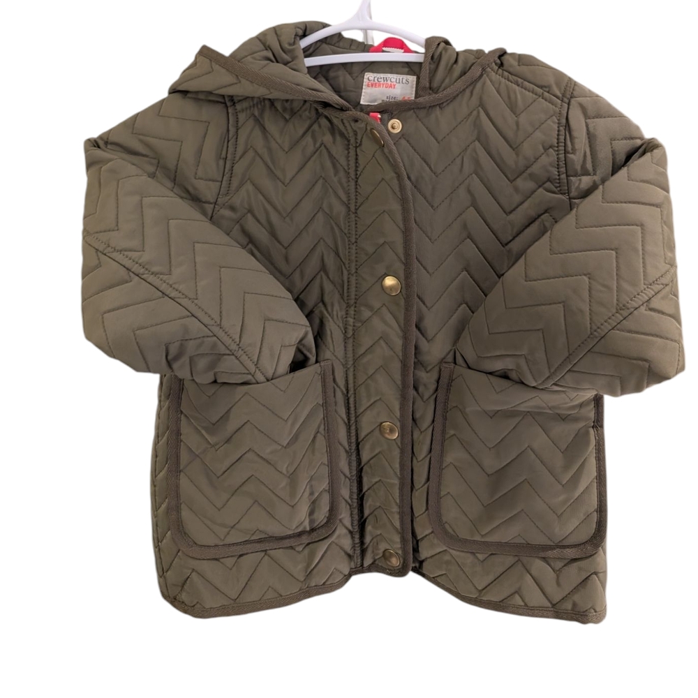 J. Crew Green Puffer Jacket with Chevron Quilting and Hood